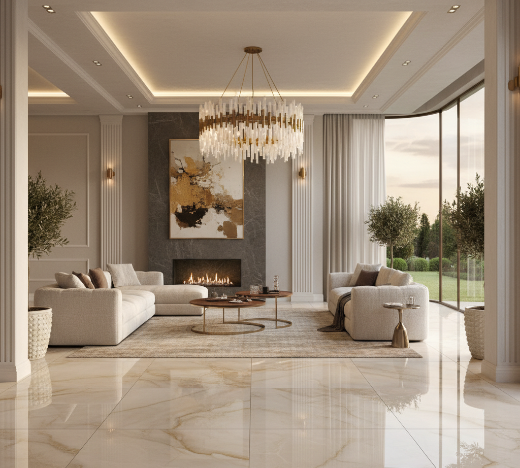 600x1200mm glossy marble-look porcelain tiles in modern living room