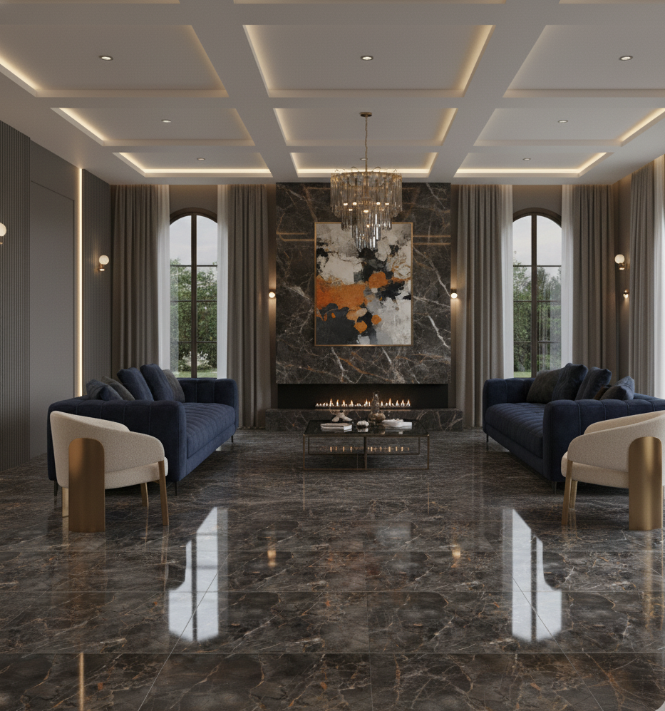 600x1200mm high glossy porcelain tiles in luxury interior space