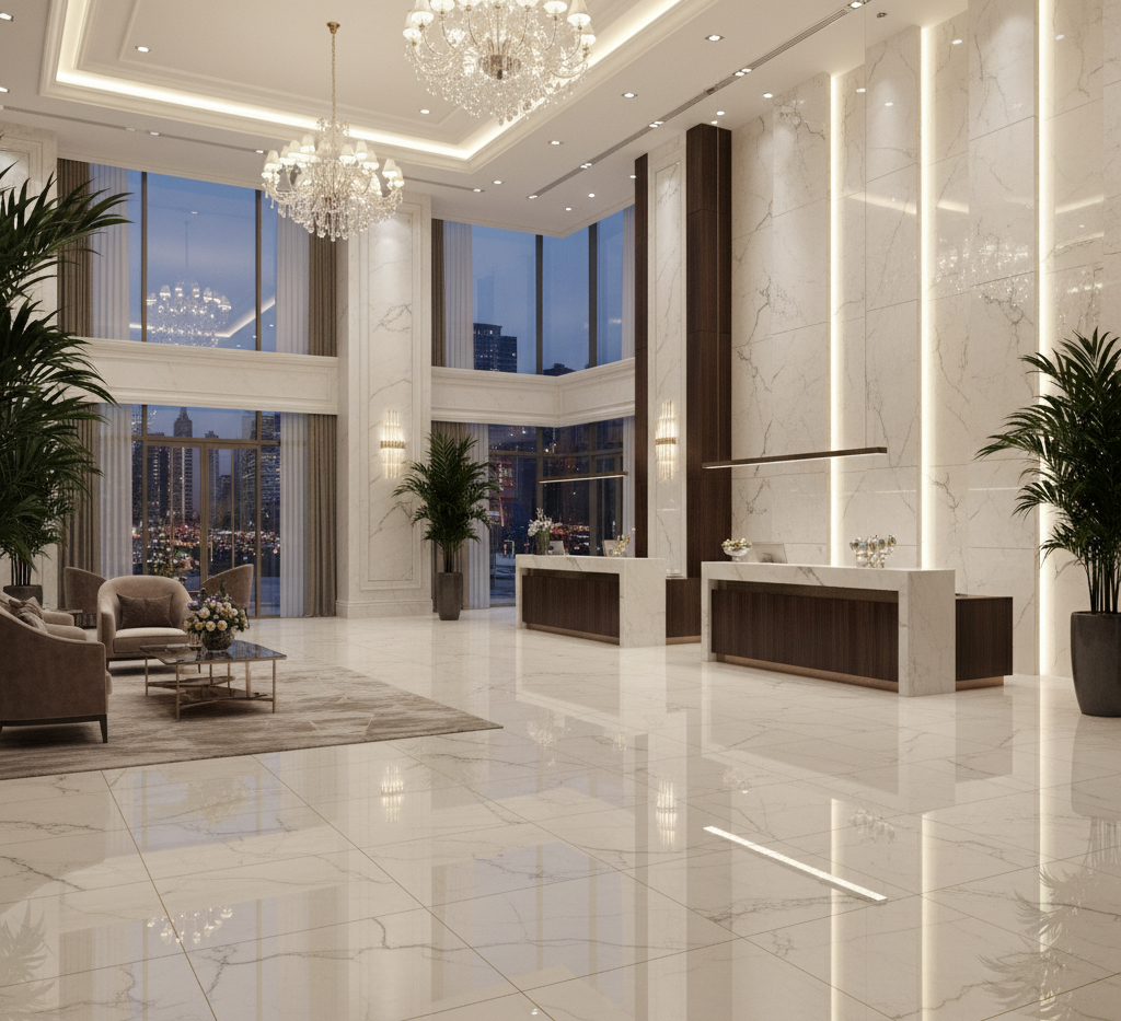 600x600mm high glossy porcelain tiles used in hotel reception interior