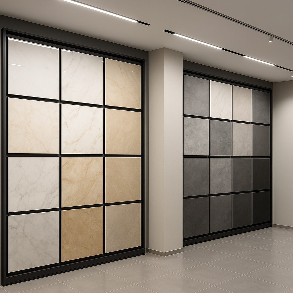 600x600 mm porcelain tile showroom with glossy and matte collection