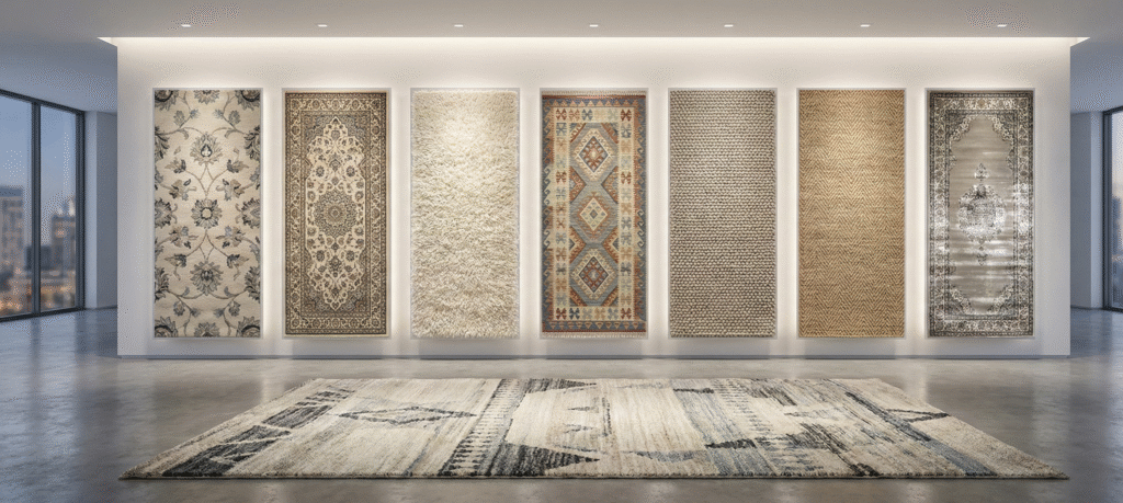 Premium carpet collection showroom showcasing hand-tufted, machine-made, shaggy, kilim, wool, jute, and polyester carpets in a luxury interior display.
