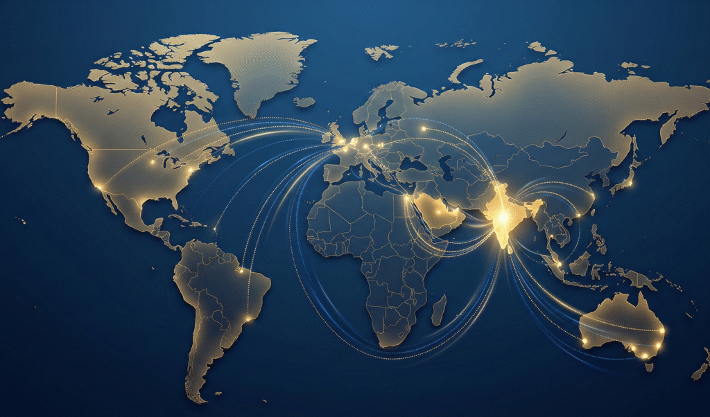 Global export routes map from India showing key markets served by leading hand tufted carpet exporter – USA, UK, Europe, Middle East, Australia.