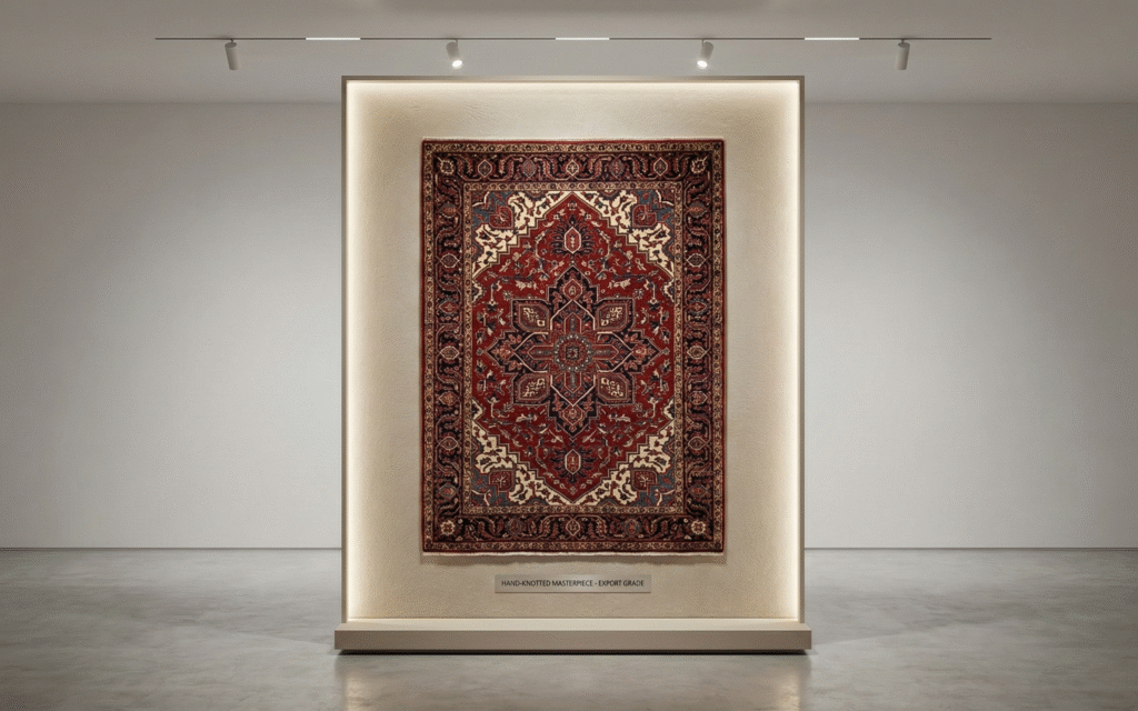 Hand knotted carpet displayed in a premium showroom highlighting intricate knotting and detailed craftsmanship.