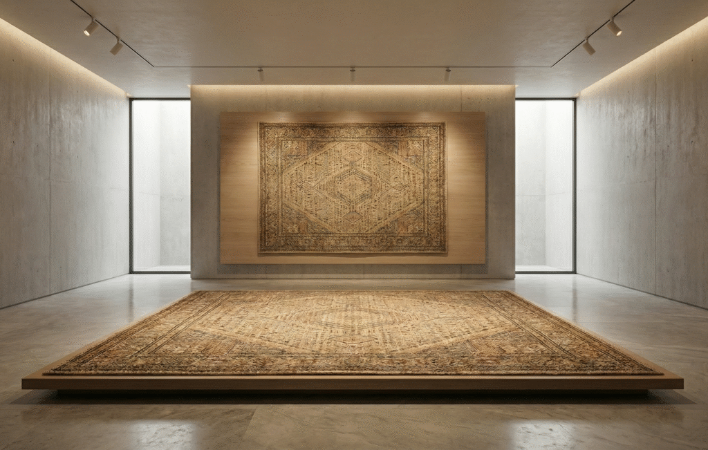 Jute carpet displayed in a modern showroom with natural woven texture and eco-friendly fiber detailing.
