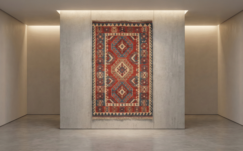Kilim carpet displayed in a modern showroom with flat-woven texture and geometric pattern detailing.