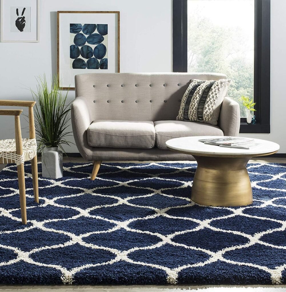 Navy blue shaggy carpet export with white trellis pattern – thick soft shag rug for living room – shaggy carpets export India