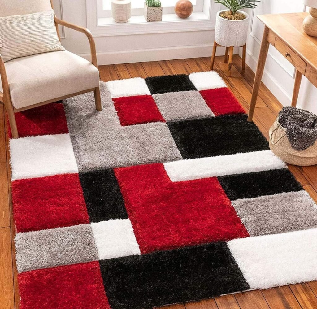 Red black grey geometric shaggy carpet – high pile soft shag rug for living room – shaggy carpets export by Scalane International