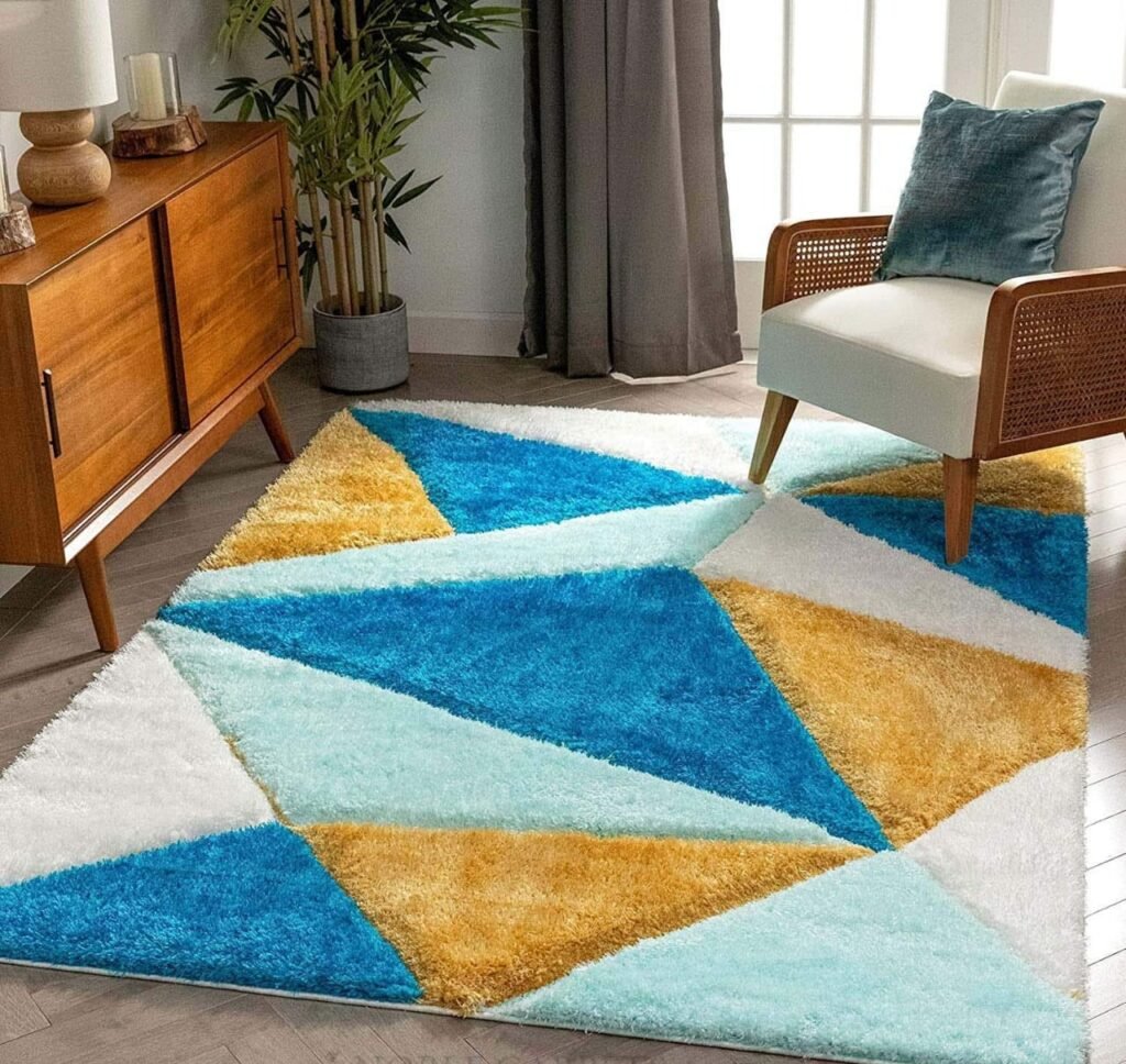 Blue and mustard triangle pattern shaggy carpet – soft fluffy high pile rug for home décor – shaggy carpets export