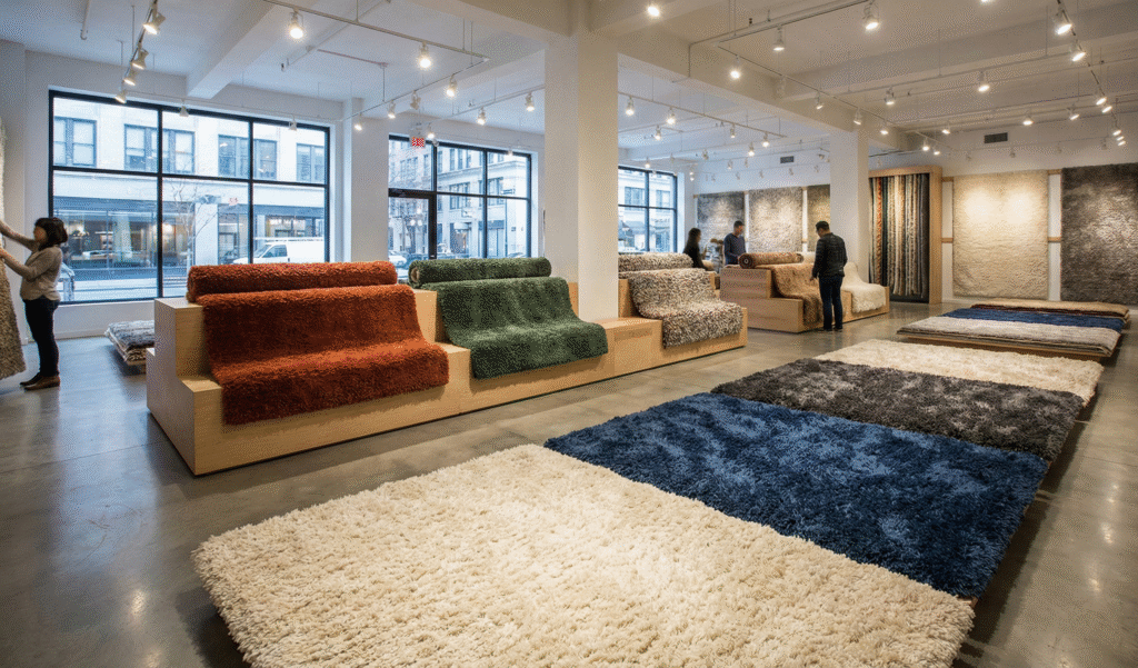 Shaggy carpets export from India – fluffy high-pile shaggy rugs in a modern living room – Scalane International