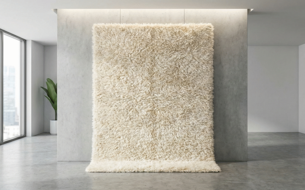 Shaggy carpet displayed in a modern showroom with high-pile soft texture and premium detailing.
