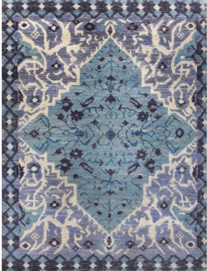 Hand knotted carpet in blue geometric pattern – Wool & Cotton Blend