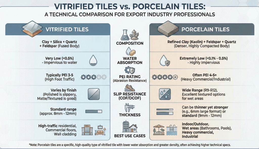 vitrified tiles vs porcelain tiles Technical comparison chart of vitrified tiles vs porcelain tiles for export