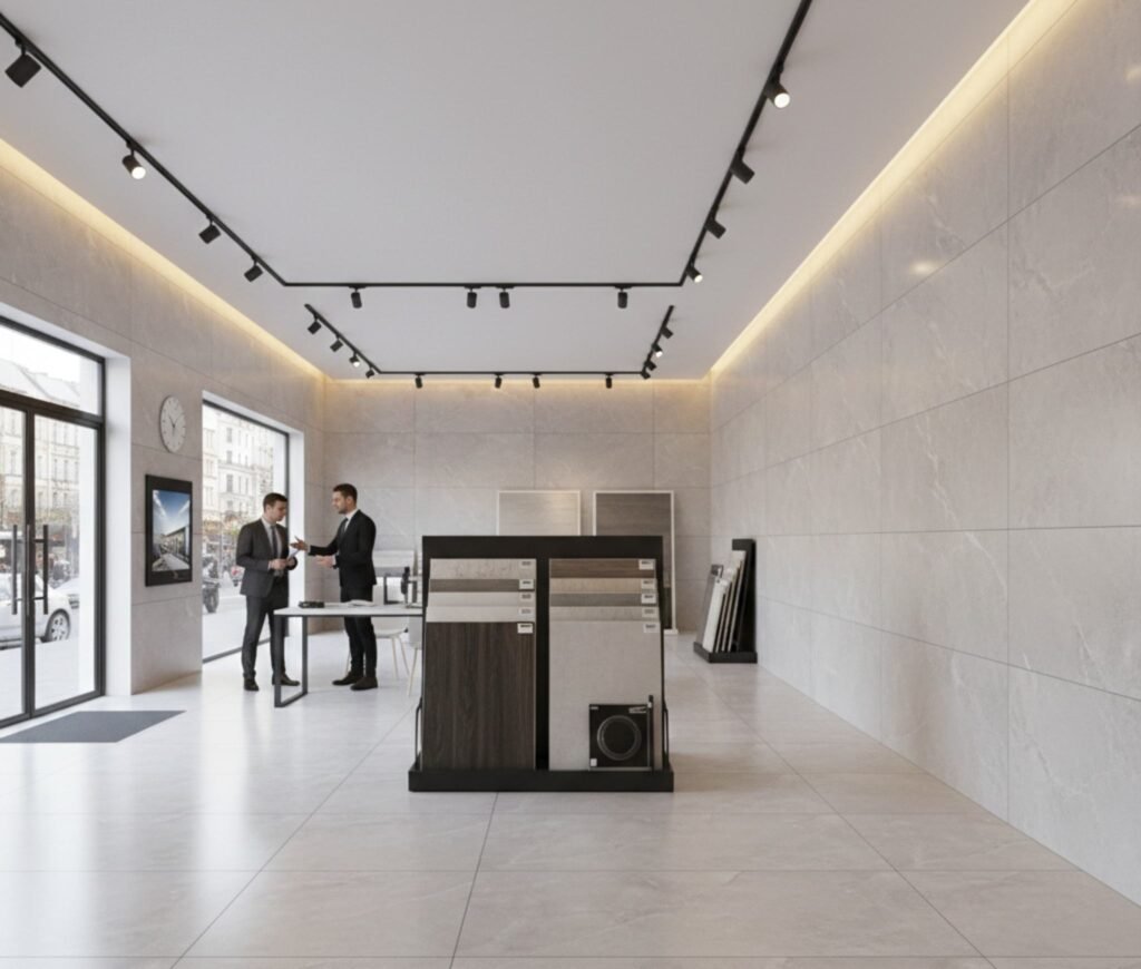 600x1200 porcelain tiles installed in modern commercial interior