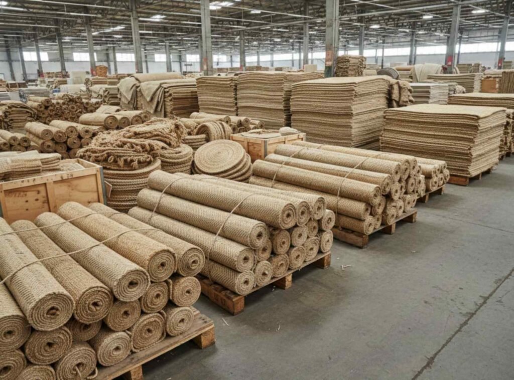Wholesale jute carpets stacked and packed for bulk shipment
