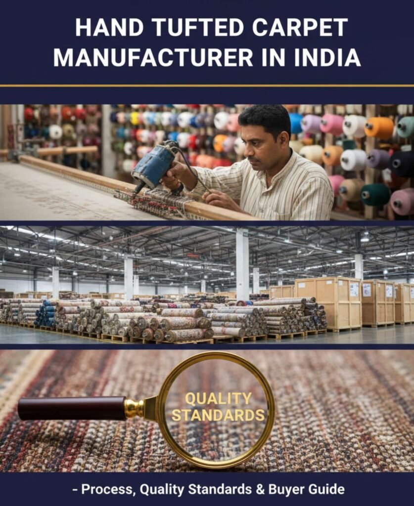 Hand tufted carpet manufacturer tufting process in Indian manufacturing unit