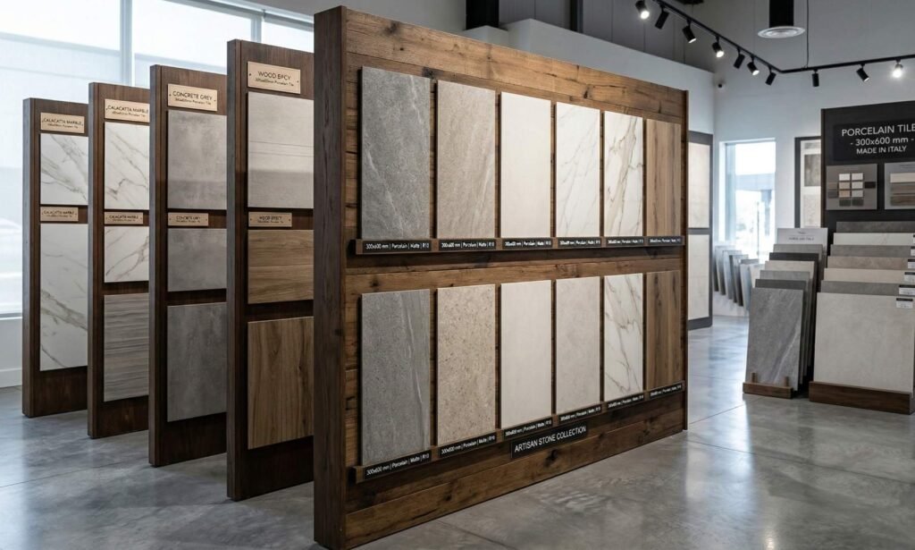 300x600mm porcelain tiles exporter showroom displaying rectangular porcelain wall tiles