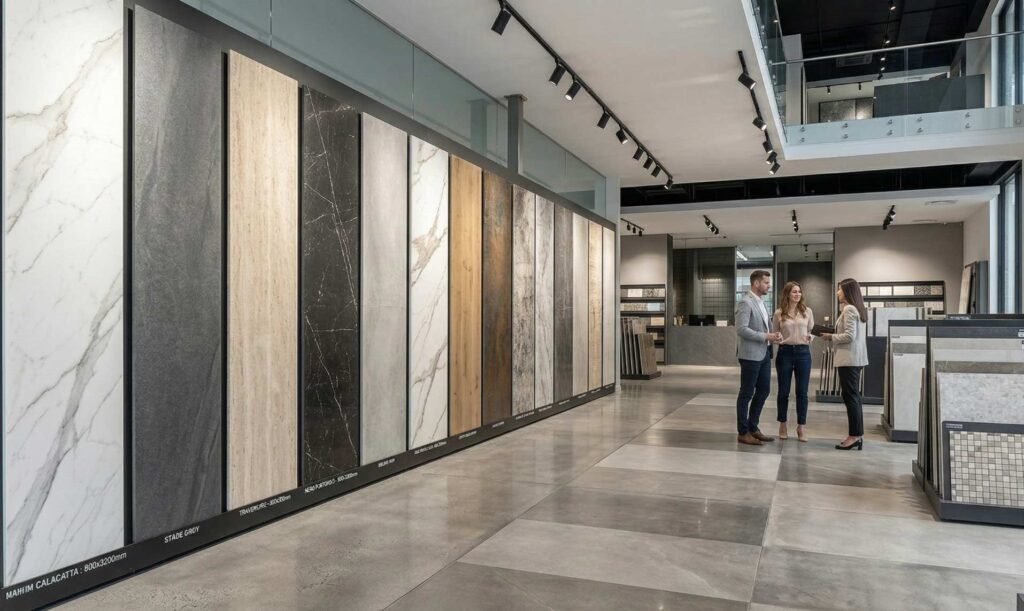 800x3200mm porcelain slabs exporter displayed in the showroom