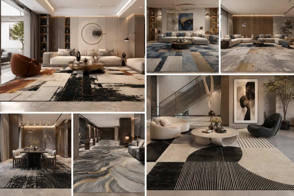 Contemporary abstract rugs manufacturer showcasing luxury textured geometric rugs for modern interiors