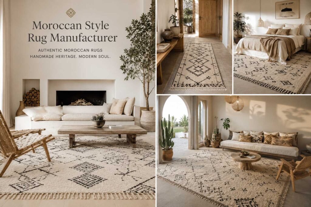 Moroccan style rug manufacturer showcasing textured boho rugs and Scandinavian-boho decorative carpets