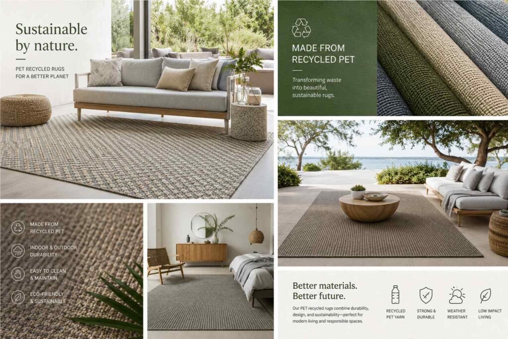 PET recycled rug manufacturer producing sustainable indoor-outdoor rugs